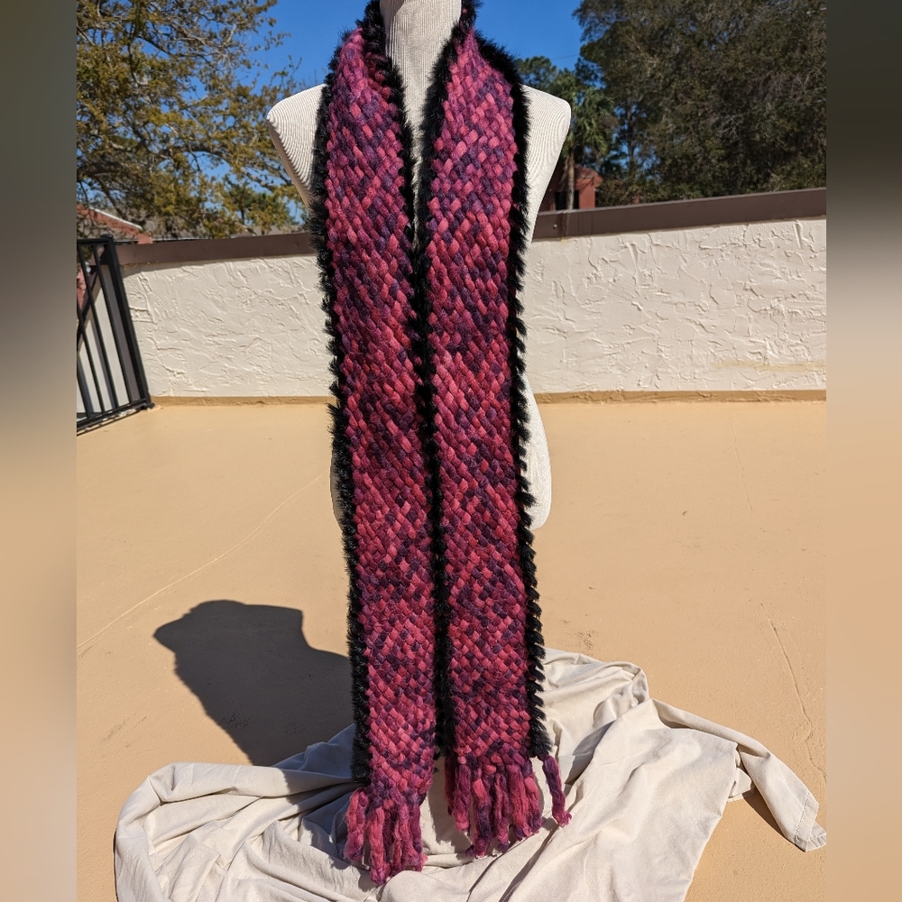 Lorenzo Scarf Pink Wool Blend Rabbit Fur Chunky Yarn Weave Fringe Y2K Accessory - Picture 4 of 6